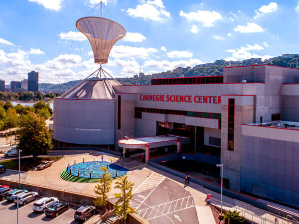 Aerial view of the front of Carnegie Science Center