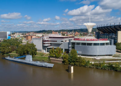 Ariel view of the exterior of Carnegie Science Center from the river