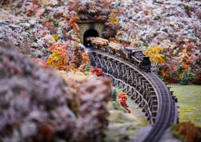Miniature Railroad and Village train coming through a tunnel