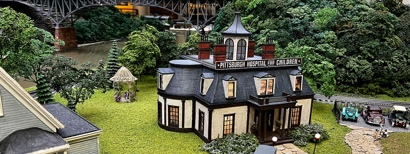 A miniature replica of the original Children's Hospital of Pittsburgh model in Miniature Railroad & Village. 