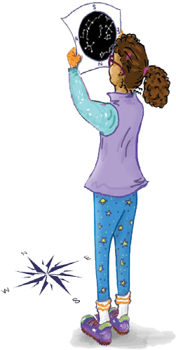 Girl holding a star chart with compass directions on the ground