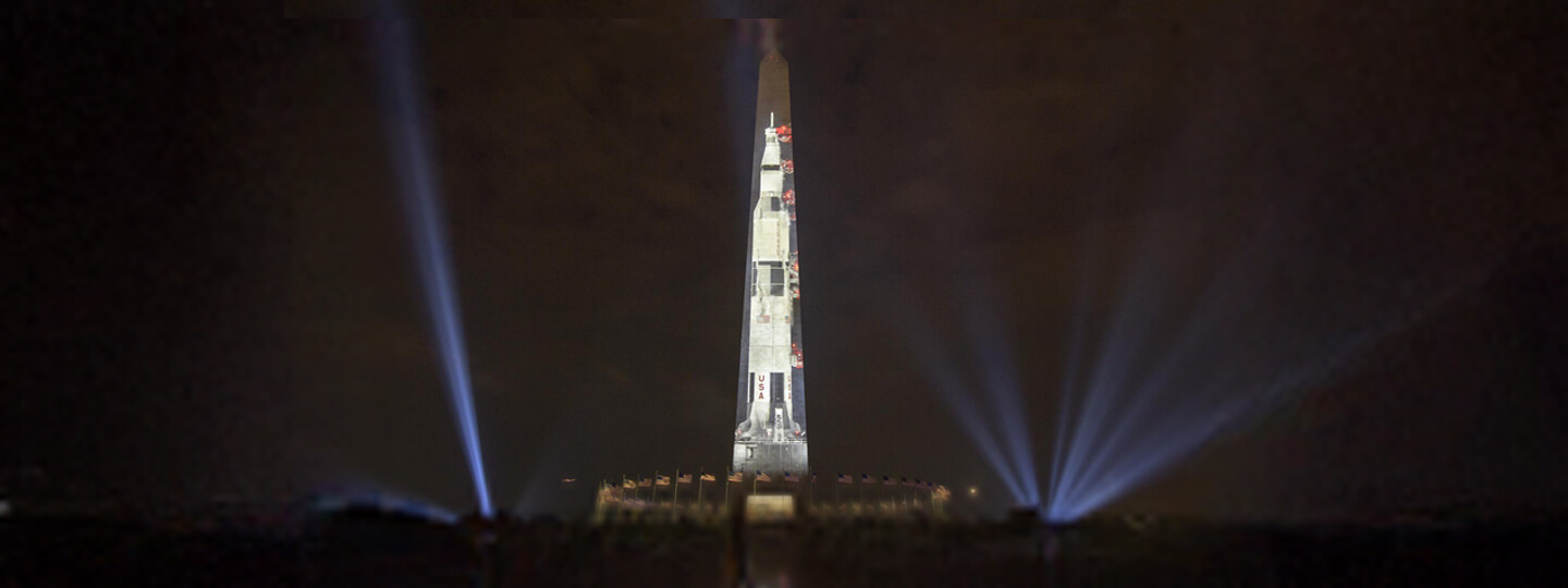 Projection-mapping image of Apollo 11 on the Washington Monument