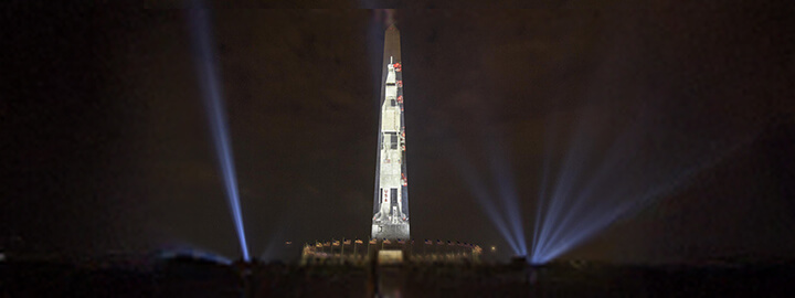 Projection-mapping image of Apollo 11 on the Washington Monument