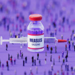 Large Measles Vaccine bottle and syringe with a crowd of tiny people