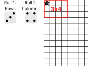 grid with 3x4 and dice with numbers 3 and 4