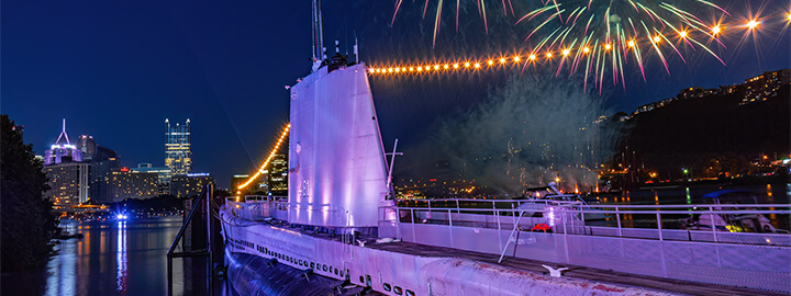 View of fireworks from the USS Requin submarine