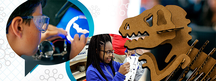 Boy wearing protective goggles and girl working on 3D printed projects. 3D printed dinosaur bones