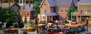 Miniature buildings and cars