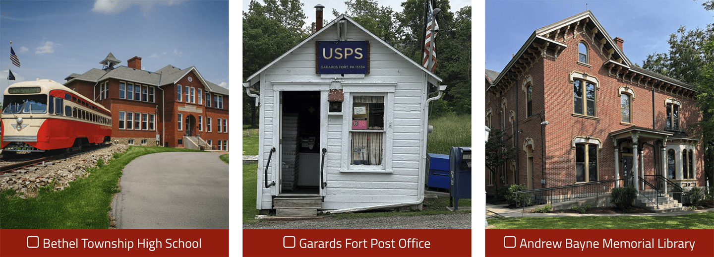 Bethel Township High School, Garards Fort Post Office, and Andrew Bayne Memorial Library