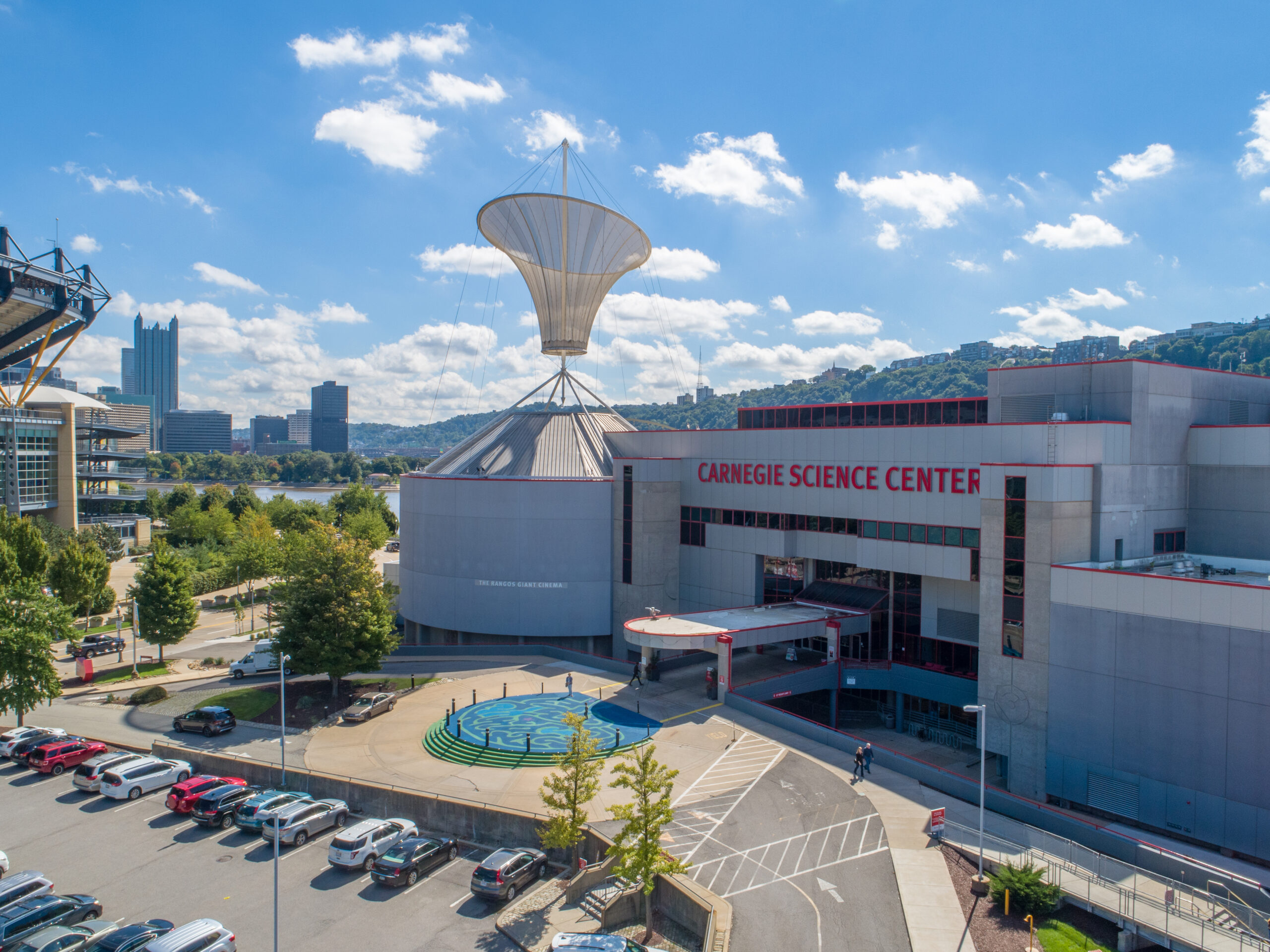 Ariel view of the exterior of the front of Carnegie Science Center
