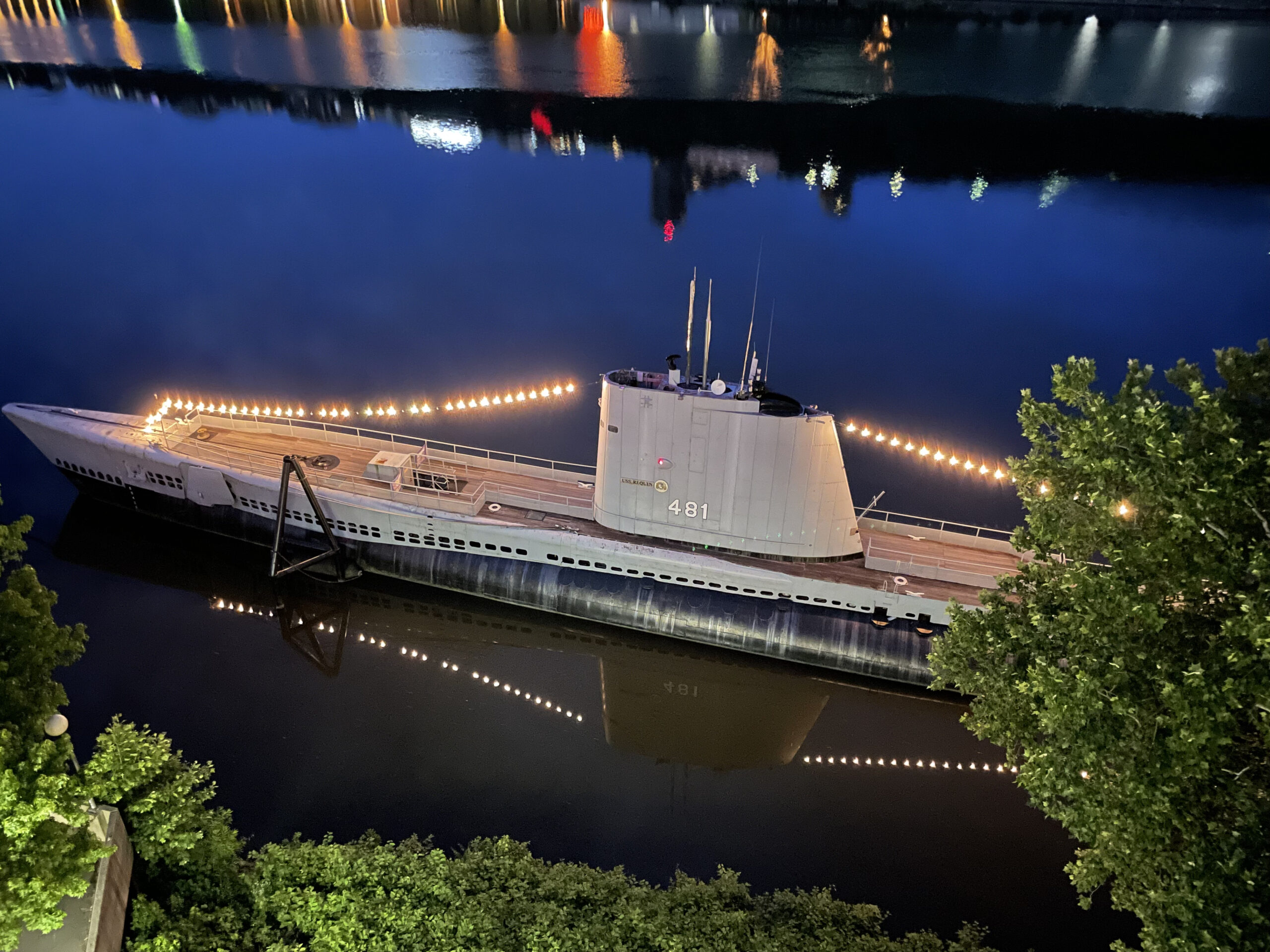 USS Requin submarine at night