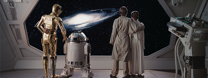 C-3PO, R2-D2, Luke Skywalker, and Princess Leia