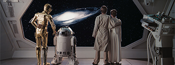 C-3PO, R2-D2, Luke Skywalker, and Princess Leia