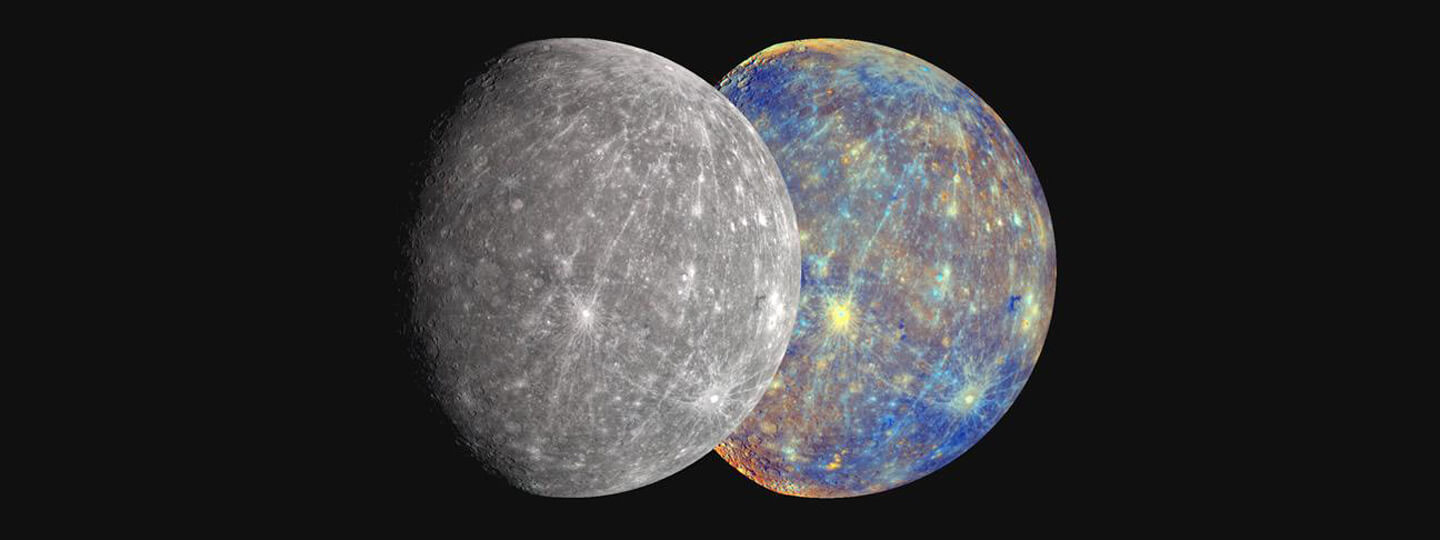 Mercury in true color (left) and enhanced color (right).