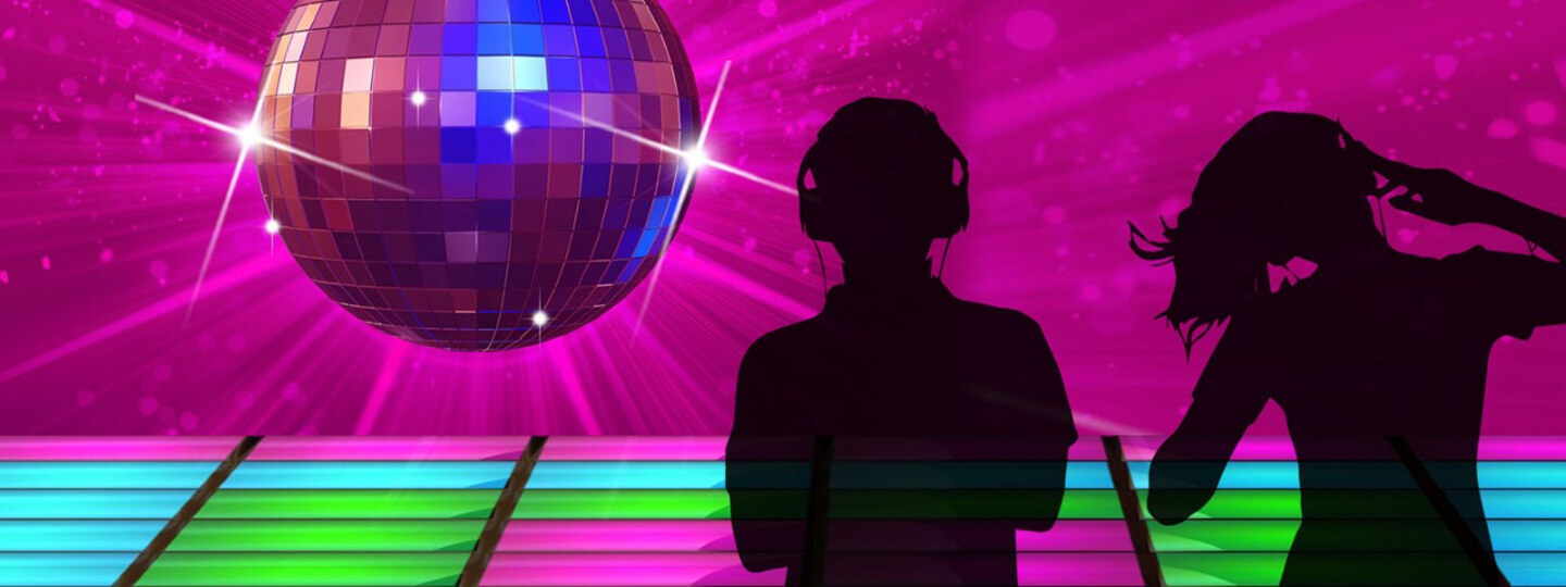 Male and female silhouettes with headphones and a disco ball