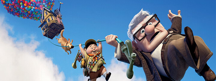 Carl Fredricksen, Russell, and Dug, holding onto a hose from the house from "Up"