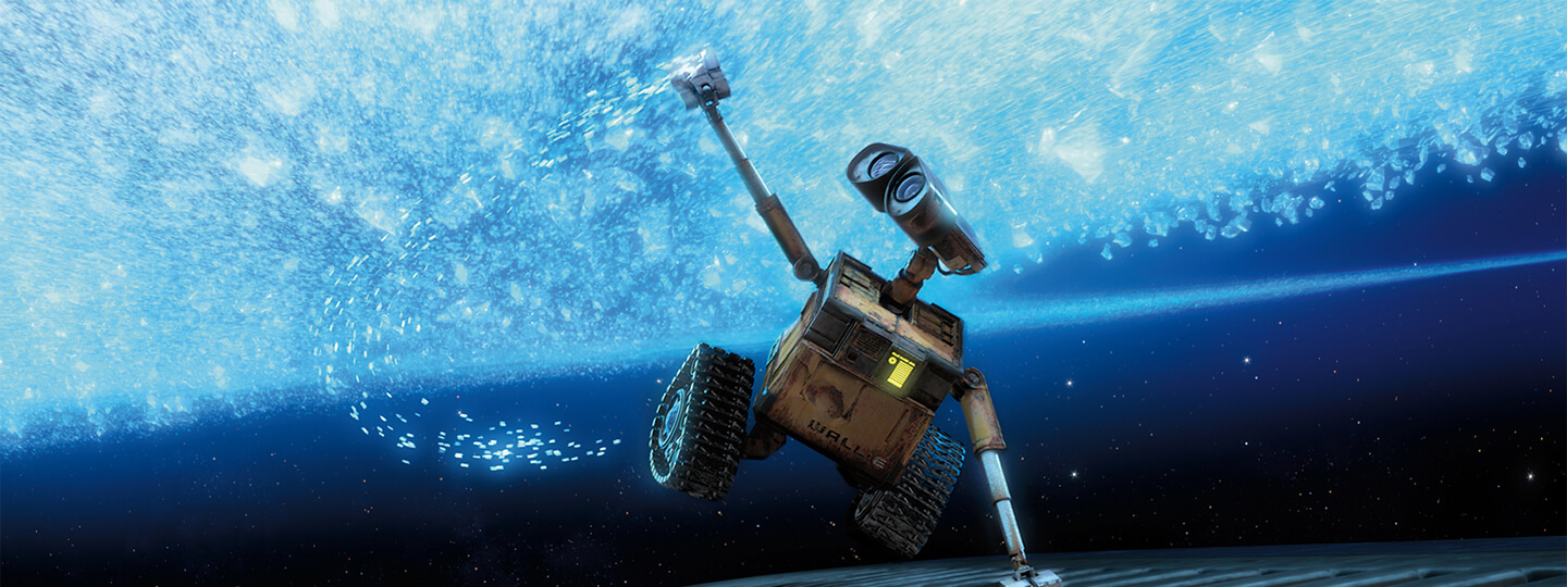 Wall-E in space touching crystals from a planet's ring